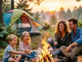 A family enjoys camping with kids, roasting marshmallows over a campfire at sunset with a colorful tent in the background.