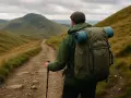 A hiker with a large backpack and trekking pole walks on a dirt path through rolling, grassy hills. Essential backpacking tips for this journey include packing light and staying hydrated.