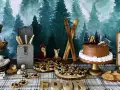 Woodland-themed camping party ideas: a chocolate cake with marshmallow border, s'mores supplies, cookies, and woodland creature decorations.