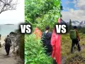 A man walks on a beach path, people in rain gear hike in a jungle, and a backpacker treks in mountains. Thru hiking vs backpacking.