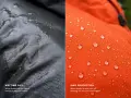 Left: black fabric soaked with water. Right: orange fabric with water beads, showing DWR protection.