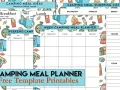 A camping meal plan template with sections for breakfast, lunch, dinner, and dessert, plus a shopping list.