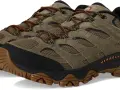 A pair of olive green Merrell Moab 3 waterproof hiking shoes with orange laces and Vibram soles.