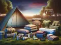 All the essentials for a camping trip are laid out: tent, sleeping bags, cookware, cooler, clothing, and boots.