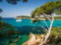 A luxury yacht sails on turquoise waters near a scenic coastline, perfect for a 3-star camping trip in Var.