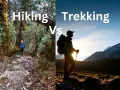 Hiking in a forest vs. trekking in mountains. The image illustrates what is the difference between hiking and trekking.