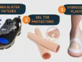 Preventing hiking with blisters: Engo patches for shoes, gel toe protectors, and hydrocolloid plasters for heel protection.