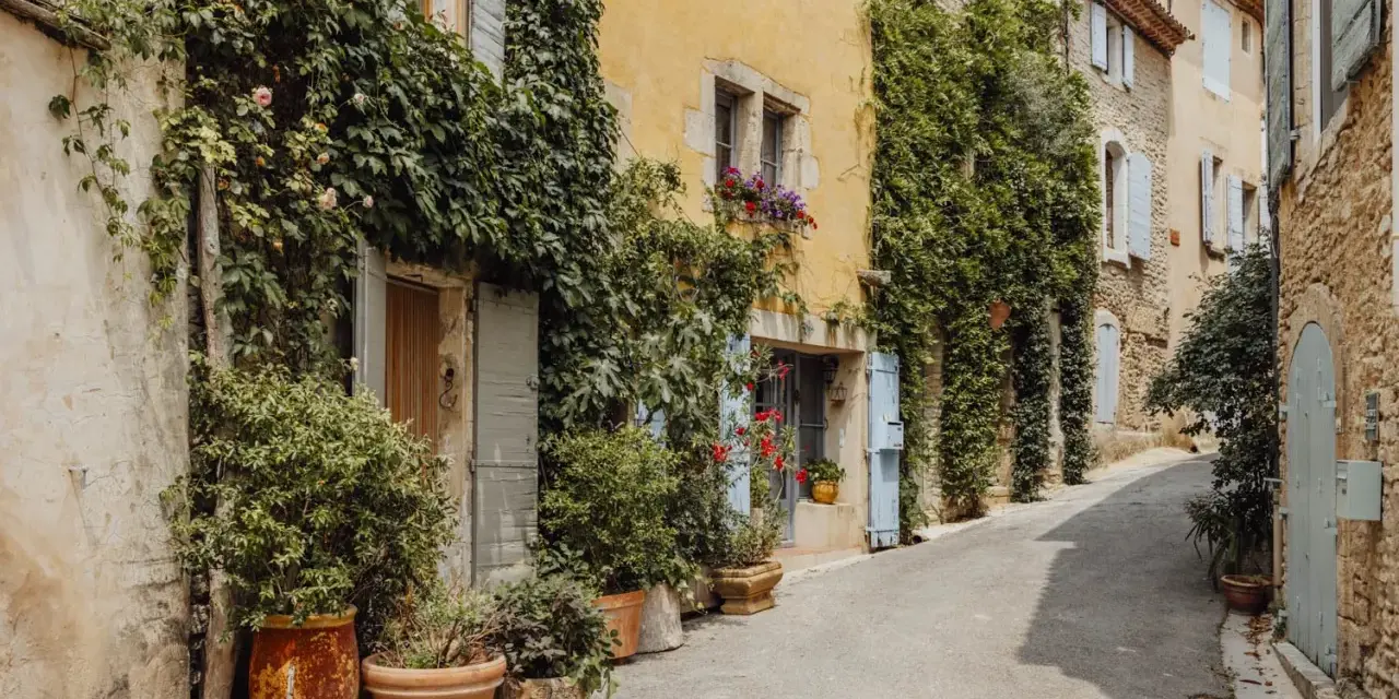 Charming street in a vakantiepark Provence, with ivy-covered buildings, potted plants, and blue shutters.