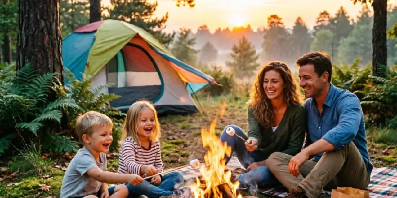 A family enjoys camping with kids, roasting marshmallows over a campfire at sunset with a colorful tent in the background.