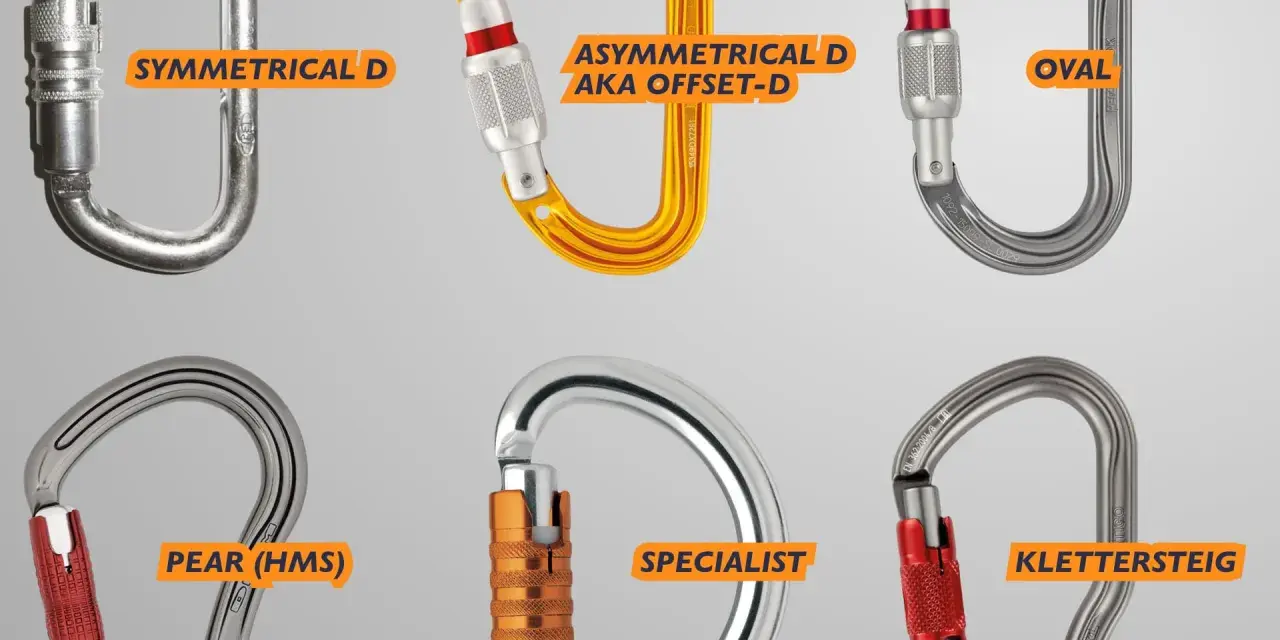 Six types of carabiners: symmetrical D, asymmetrical D, oval, pear (HMS), specialist, and Klettersteig. A carabiner is a metal loop with a sprung gate, used to quickly and reversibly connect components.