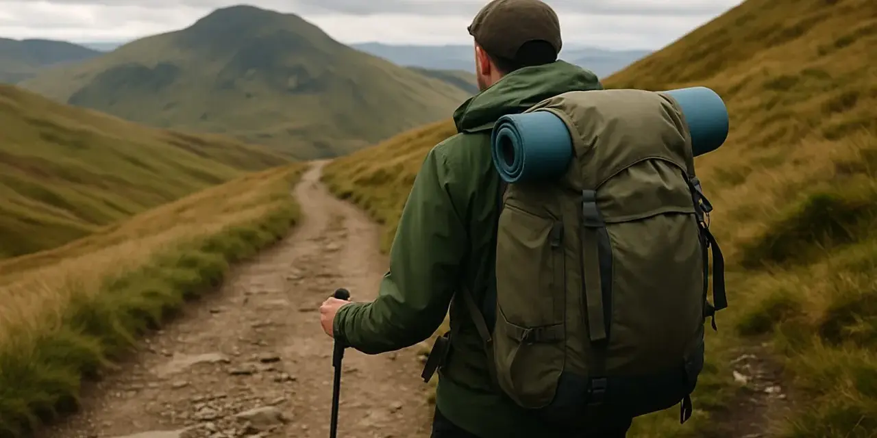 A hiker with a large backpack and trekking pole walks on a dirt path through rolling, grassy hills. Essential backpacking tips for this journey include packing light and staying hydrated.