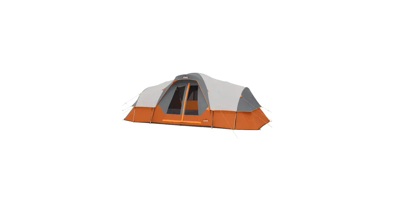 A large, orange and grey CORE tent stands ready for adventure. This tent looks like it's good quality for any camping trip.