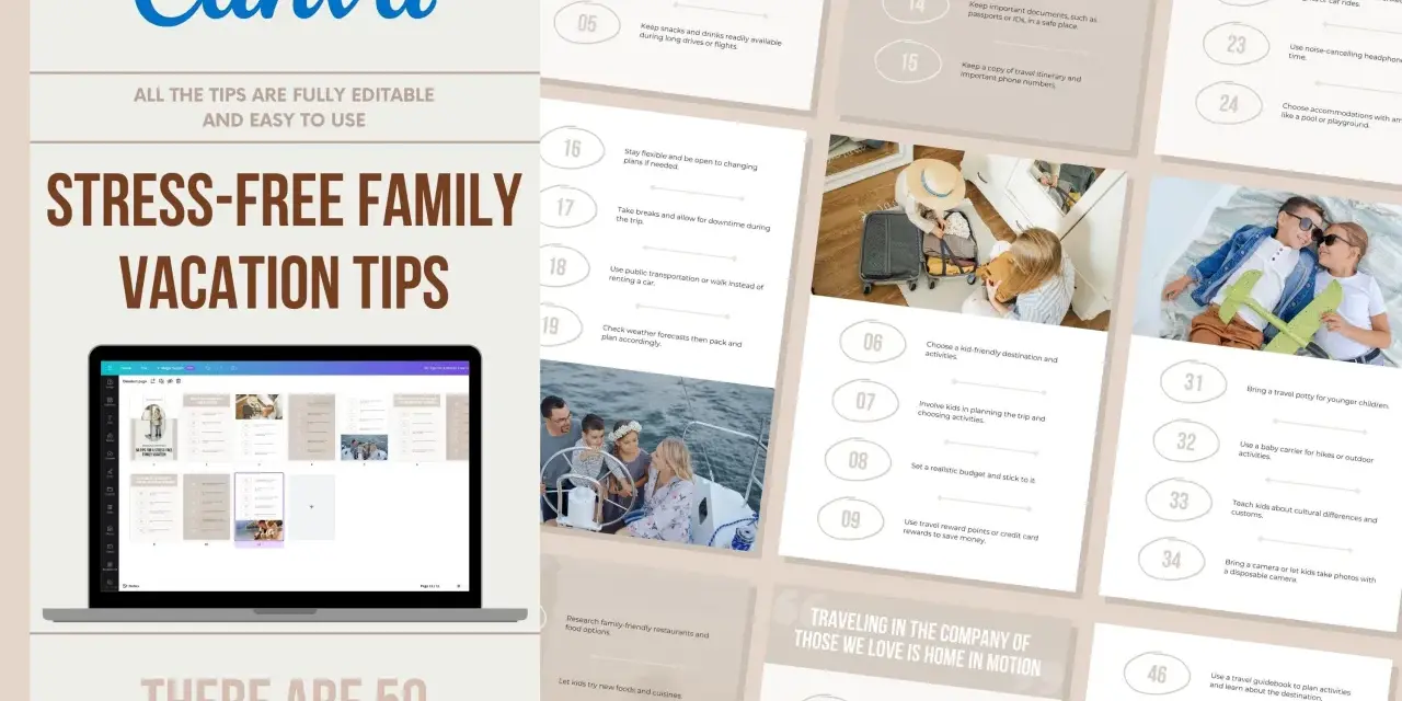 Stress-free family vacation tips, including ideas for camping familial var. Learn how to pack, plan, and enjoy your trip with these 50 editable tips.