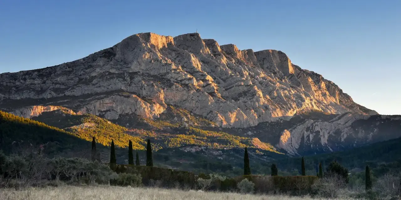 The majestic Sainte Victoire mountain range bathed in golden sunlight, with cypress trees standing tall in the foreground.