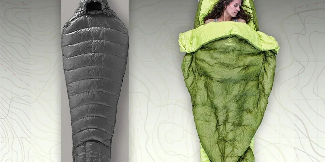 A gray sleeping bag and a green quilt with a woman sleeping in it. Choosing between a quilt vs sleeping bag for your next adventure.
