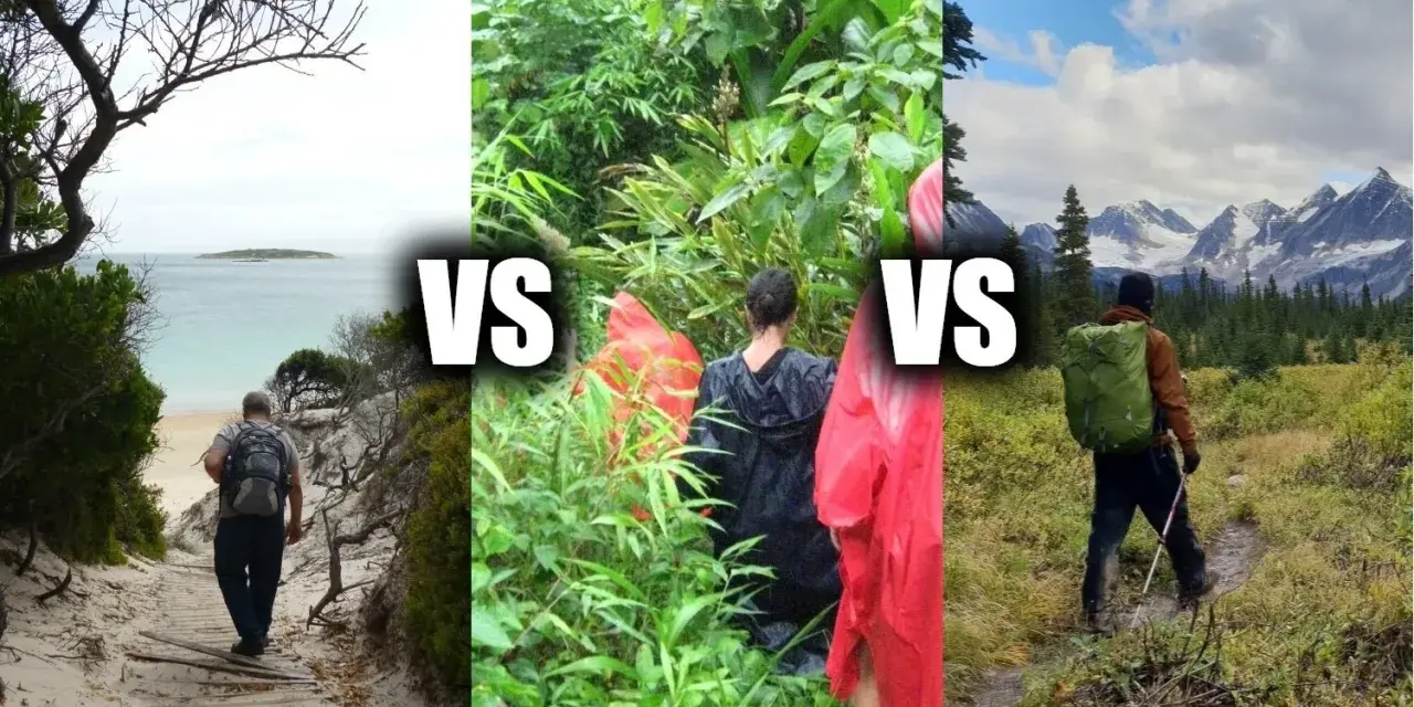 A man walks on a beach path, people in rain gear hike in a jungle, and a backpacker treks in mountains. Thru hiking vs backpacking.