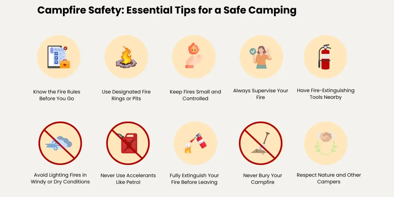 Essential tips for how to build a campfire safely: know rules, use pits, keep small, supervise, have extinguisher, avoid wind, no accelerants, extinguish fully, don't bury, respect nature.