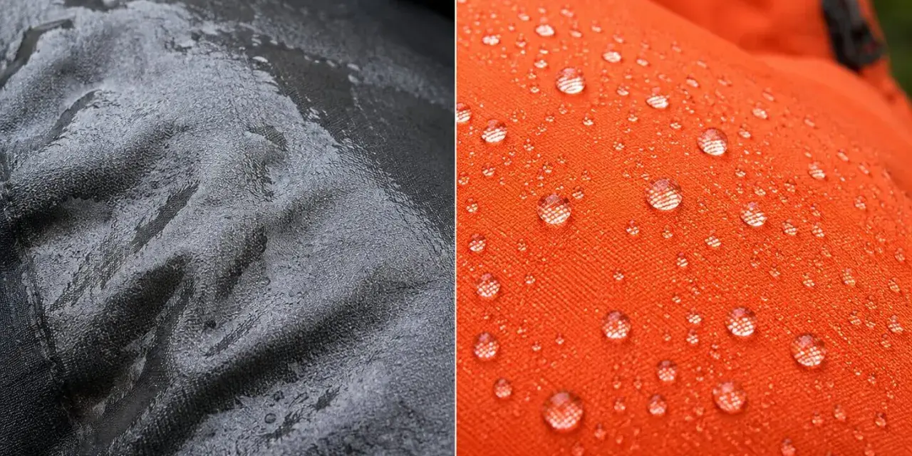 Left: black fabric soaked with water. Right: orange fabric with water beads, showing DWR protection.
