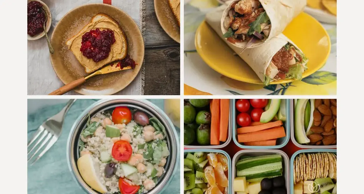 Delicious hiking lunch ideas: peanut butter toast, chicken wraps, quinoa salad, and a bento box with fruits, veggies, cheese, and crackers.