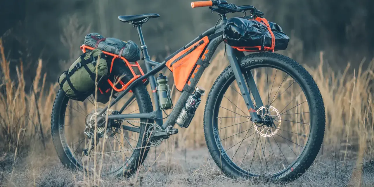 A fully loaded bike camping setup with panniers, frame bags, and handlebar roll, ready for an adventure.