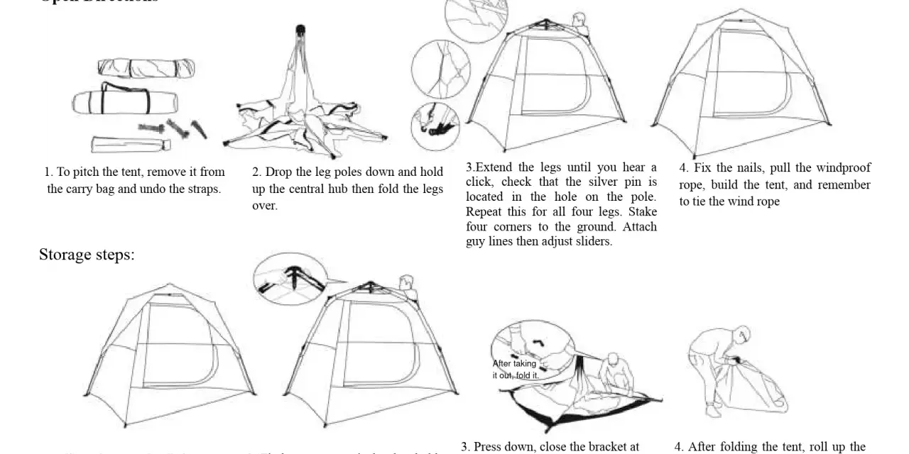 Diagrams showing how to fold a pop-up tent, from removing it from the bag to rolling it up for storage.