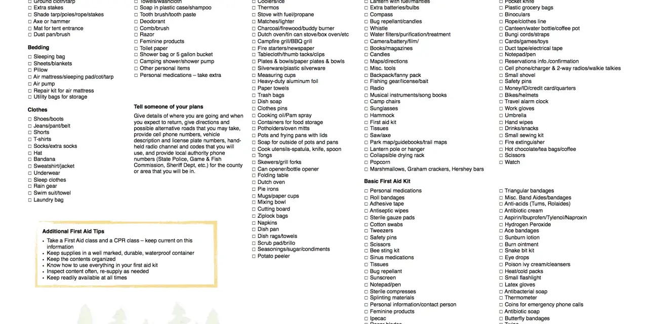 Your ultimate camping checklist printable, organized by category for a stress-free outdoor adventure.