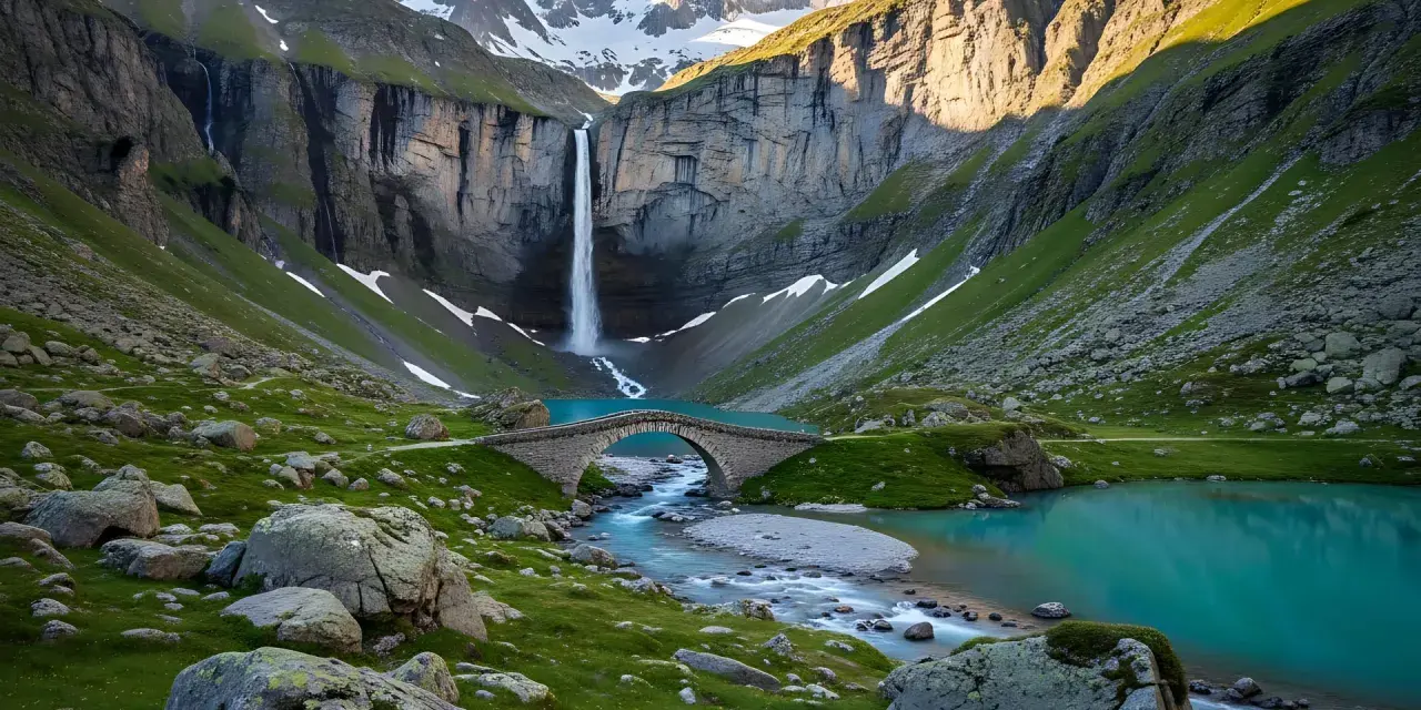 A breathtaking view of a waterfall cascading into a turquoise lake, with a stone bridge crossing a stream. This scene evokes the feeling of hiking in the Pyrenees, France, surrounded by majestic mountains and lush green slopes.