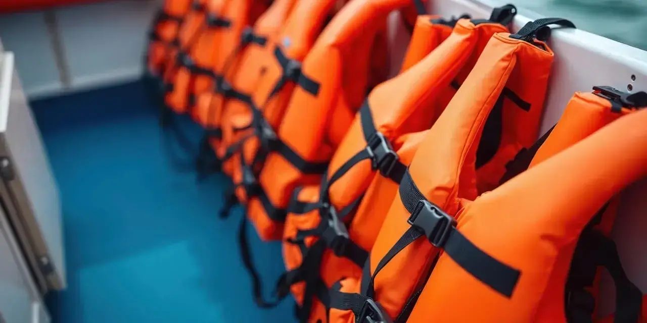 A row of bright orange type iii life jackets are neatly stored on a boat, ready for an adventure on the water.