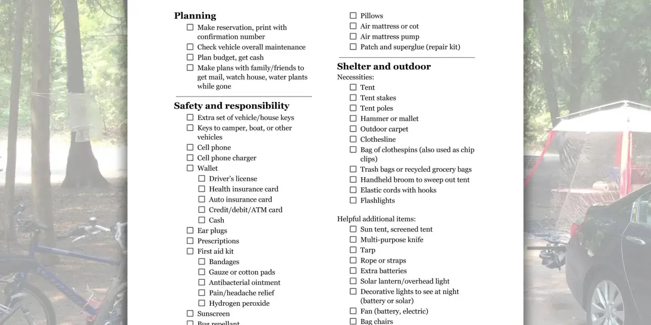 A first time camping checklist for tent camping, detailing planning, safety, and shelter necessities.