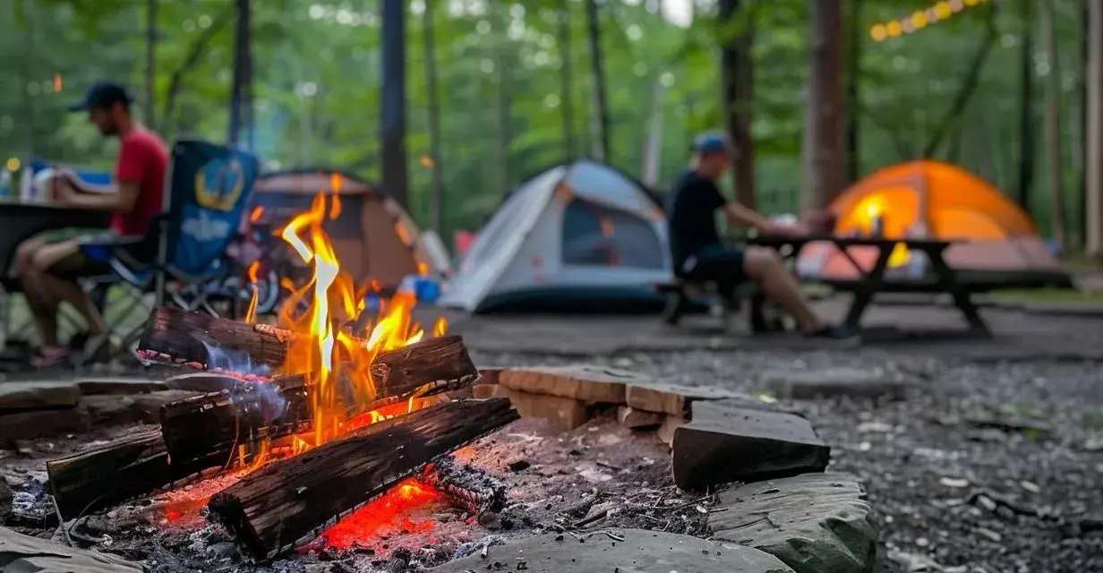 A crackling campfire sets the scene for a large group camping trip. Tents glow in the twilight as friends gather around picnic tables in the woods.