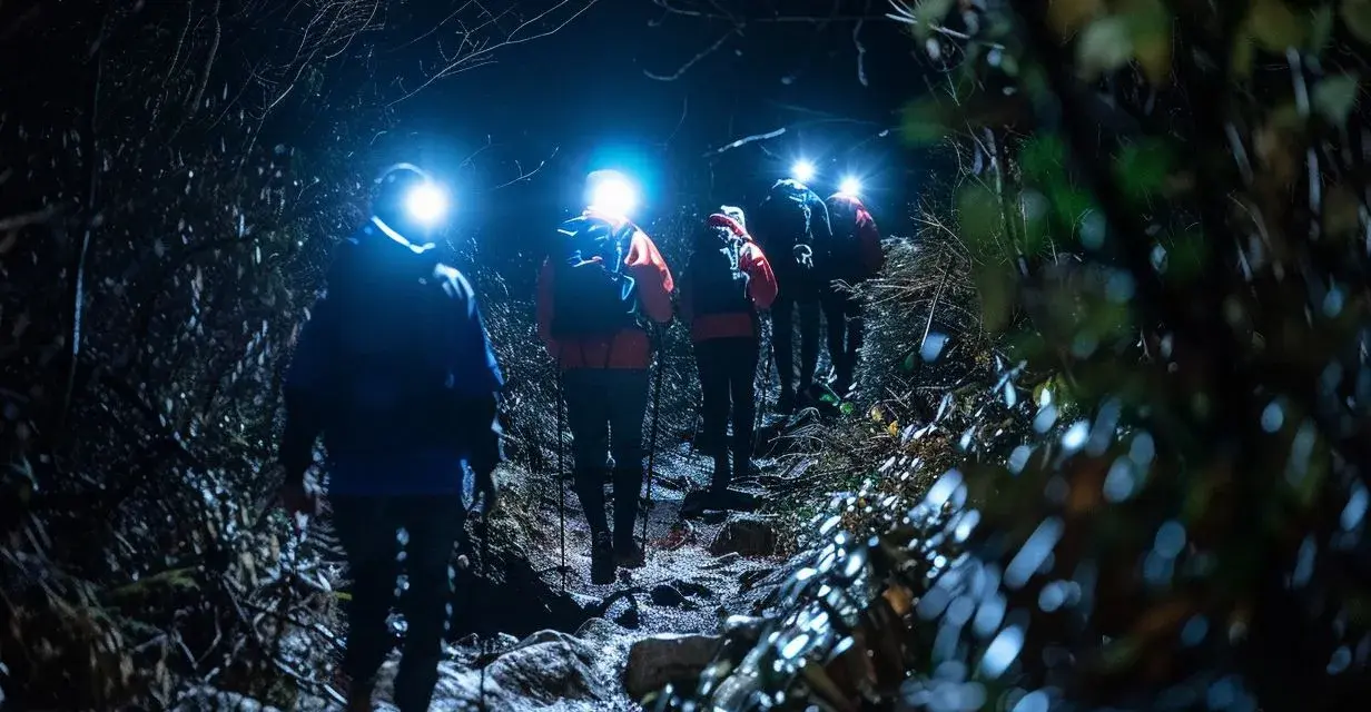 Hikers with headlamps navigate a dark, rocky trail, illuminated by their lights. These are some of the best night hiking tips.