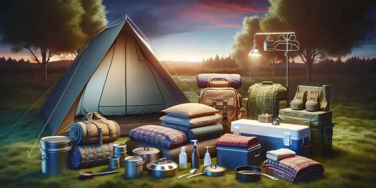 All the essentials for a camping trip are laid out: tent, sleeping bags, cookware, cooler, clothing, and boots.