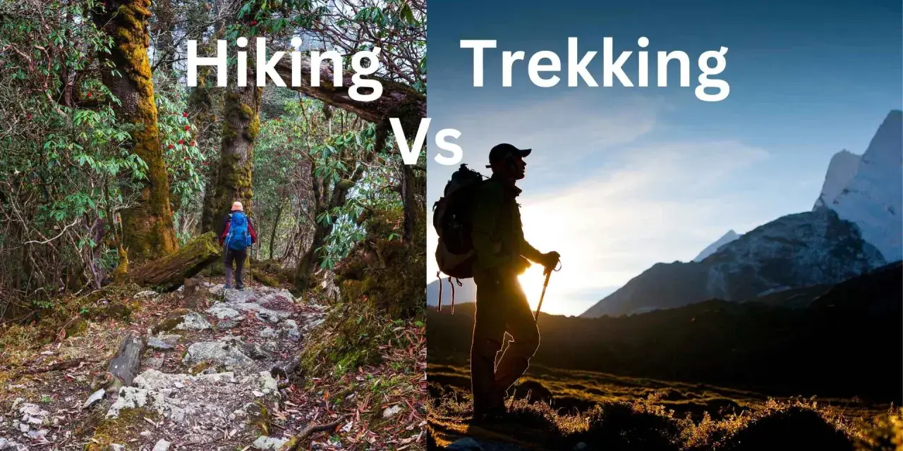 Hiking in a forest vs. trekking in mountains. The image illustrates what is the difference between hiking and trekking.