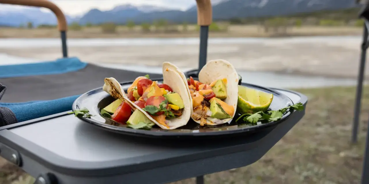 Delicious camping tacos with avocado, tomatoes, and lime, served on a plate on a portable table with mountains in the background.