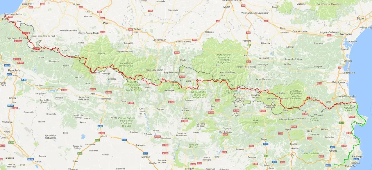 Map showing the Haute Route Pyrenees trail, a long-distance hiking path across the Pyrenees mountains.