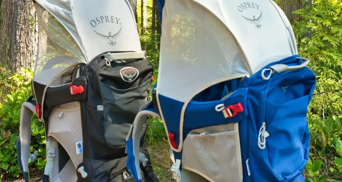 Two Osprey Poco Plus child carriers in black and blue, ready for adventure. Check the Osprey Poco Plus weight limit for safe hiking.