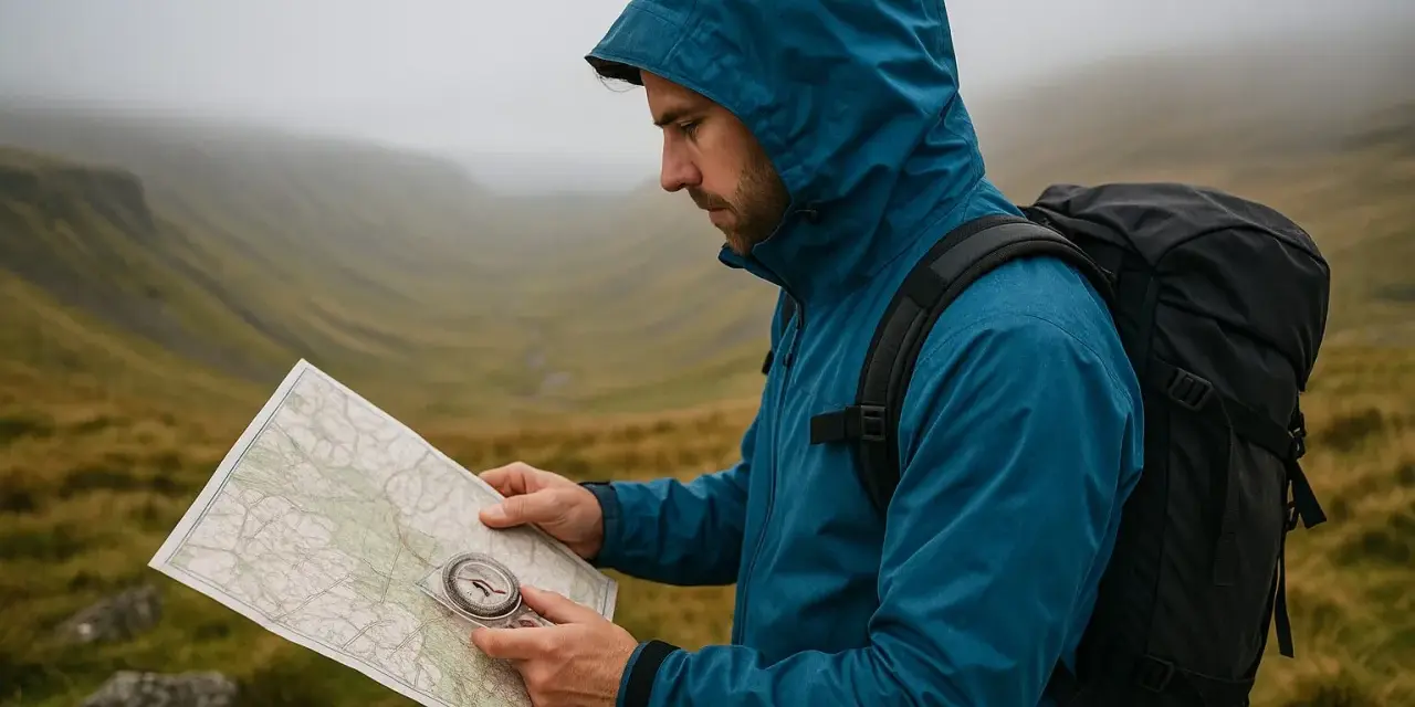 A hiker in a blue jacket uses a compass on a map to navigate a foggy mountain landscape.