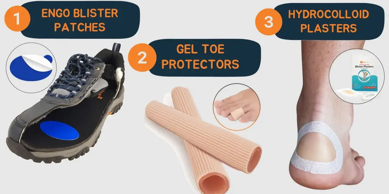Preventing hiking with blisters: Engo patches for shoes, gel toe protectors, and hydrocolloid plasters for heel protection.
