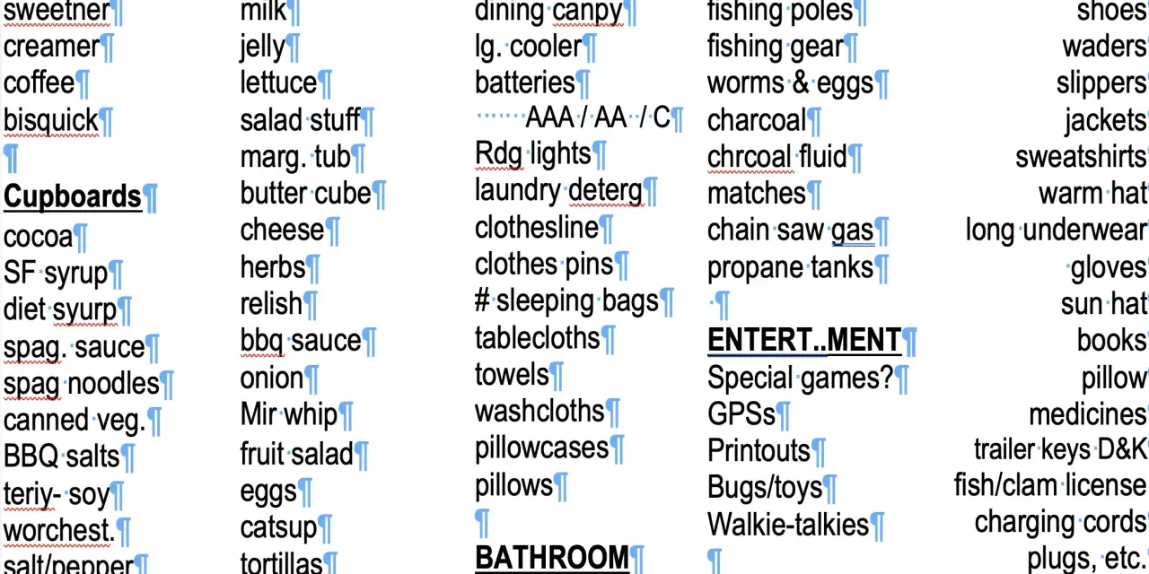 A detailed car camping packing list, covering food, gear, and personal items, organized into categories like "Refill List," "Inside," and "Outside.