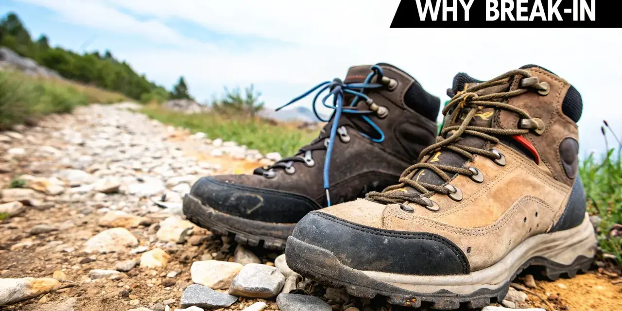 Two hiking boots sit on a rocky trail, ready for adventure. Learn how to break in hiking boots for comfort on your next trek.