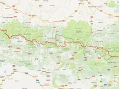Map showing the Haute Route Pyrenees trail, a long-distance hiking path across the Pyrenees mountains.