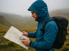 A hiker in a blue jacket uses a compass on a map to navigate a foggy mountain landscape.