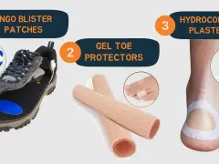 Preventing hiking with blisters: Engo patches for shoes, gel toe protectors, and hydrocolloid plasters for heel protection.