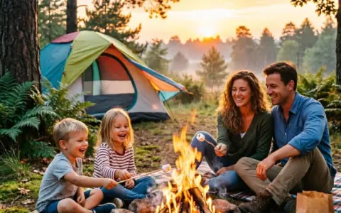A family enjoys camping with kids, roasting marshmallows over a campfire at sunset with a colorful tent in the background.