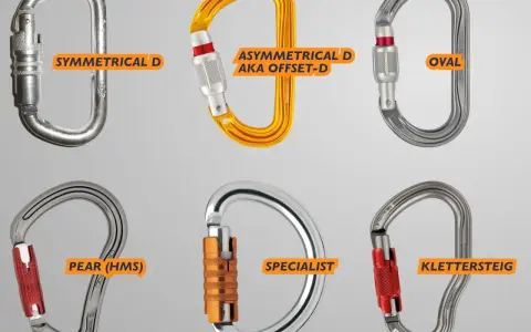 Six types of carabiners: symmetrical D, asymmetrical D, oval, pear (HMS), specialist, and Klettersteig. A carabiner is a metal loop with a sprung gate, used to quickly and reversibly connect components.