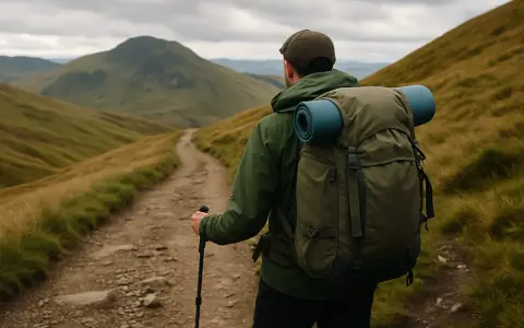 A hiker with a large backpack and trekking pole walks on a dirt path through rolling, grassy hills. Essential backpacking tips for this journey include packing light and staying hydrated.
