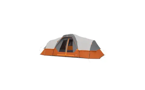 A large, orange and grey CORE tent stands ready for adventure. This tent looks like it's good quality for any camping trip.