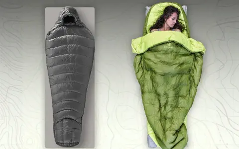A gray sleeping bag and a green quilt with a woman sleeping in it. Choosing between a quilt vs sleeping bag for your next adventure.