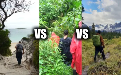 A man walks on a beach path, people in rain gear hike in a jungle, and a backpacker treks in mountains. Thru hiking vs backpacking.