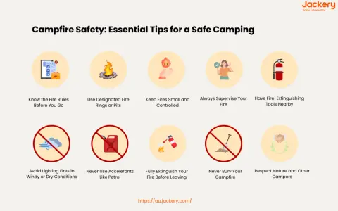 Essential tips for how to build a campfire safely: know rules, use pits, keep small, supervise, have extinguisher, avoid wind, no accelerants, extinguish fully, don't bury, respect nature.